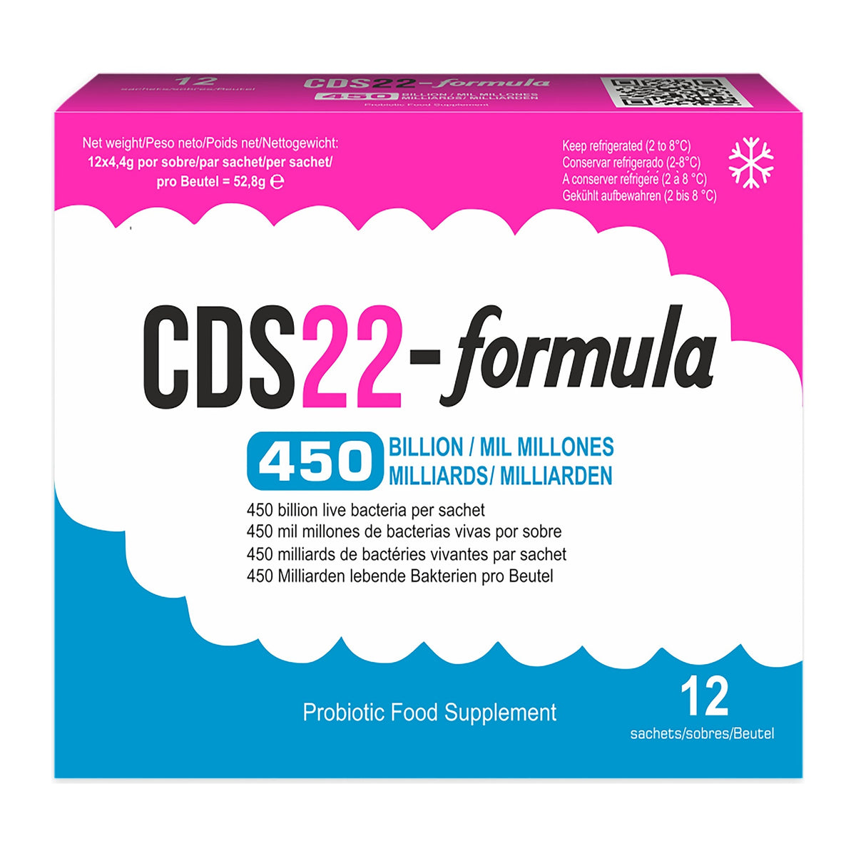 CDS22-formula 450 Billion probiotic sachets, front of the blue and pink 12 sachet carton