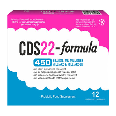 CDS22-formula 450 Billion probiotic sachets, front of the blue and pink 12 sachet carton