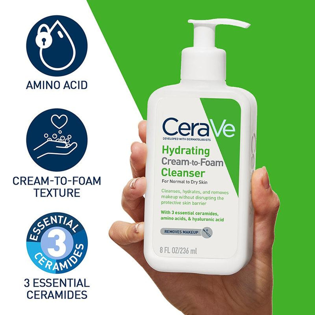 CeraVe Hydrating Cream-to-Foam Cleanser 236ml, how it works