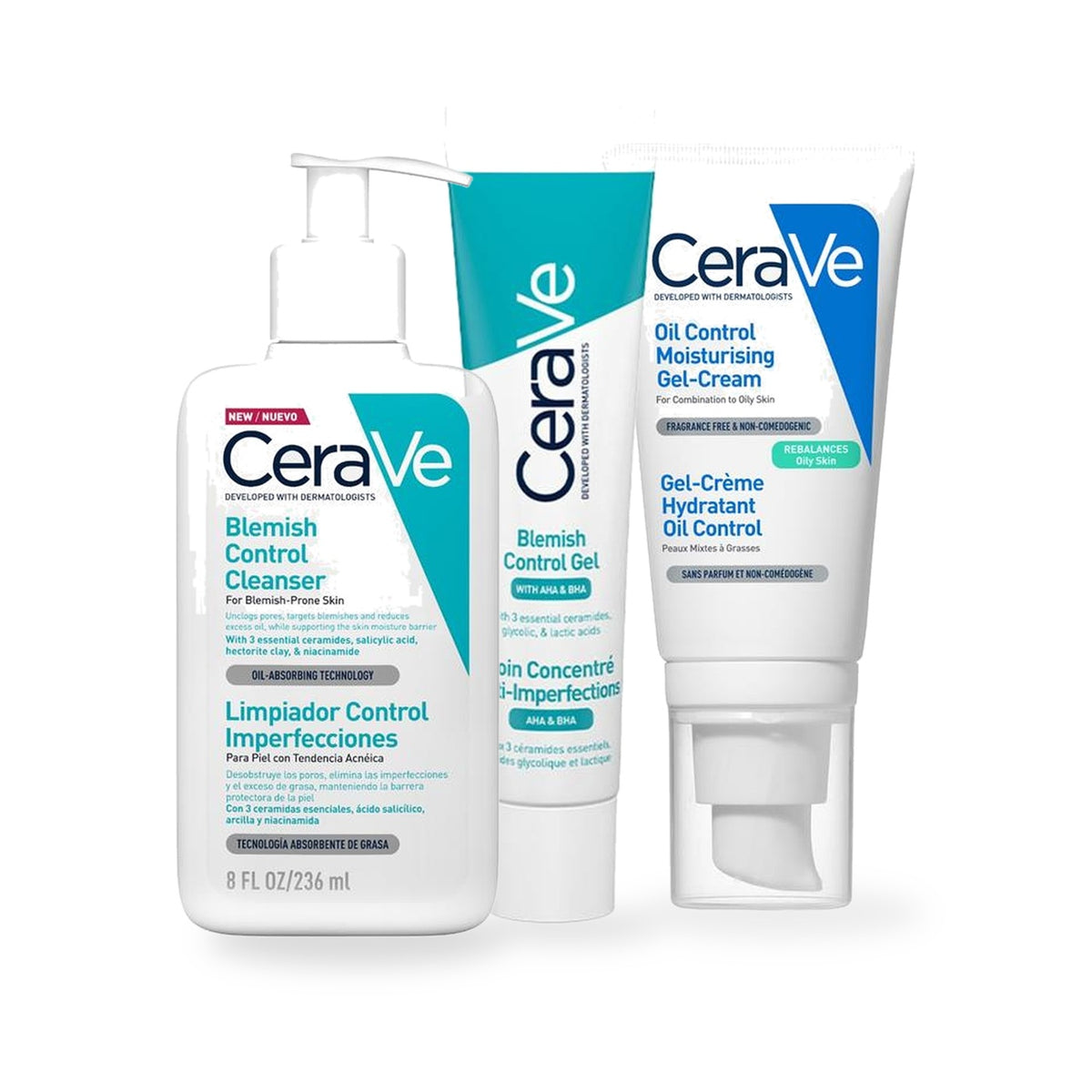 CeraVe Blemish-Prone Routine, Blemish Control Cleanser 236ml with Blemish Control Gel 40ml with Oil Control Moisturising Gel-Cream 52ml
