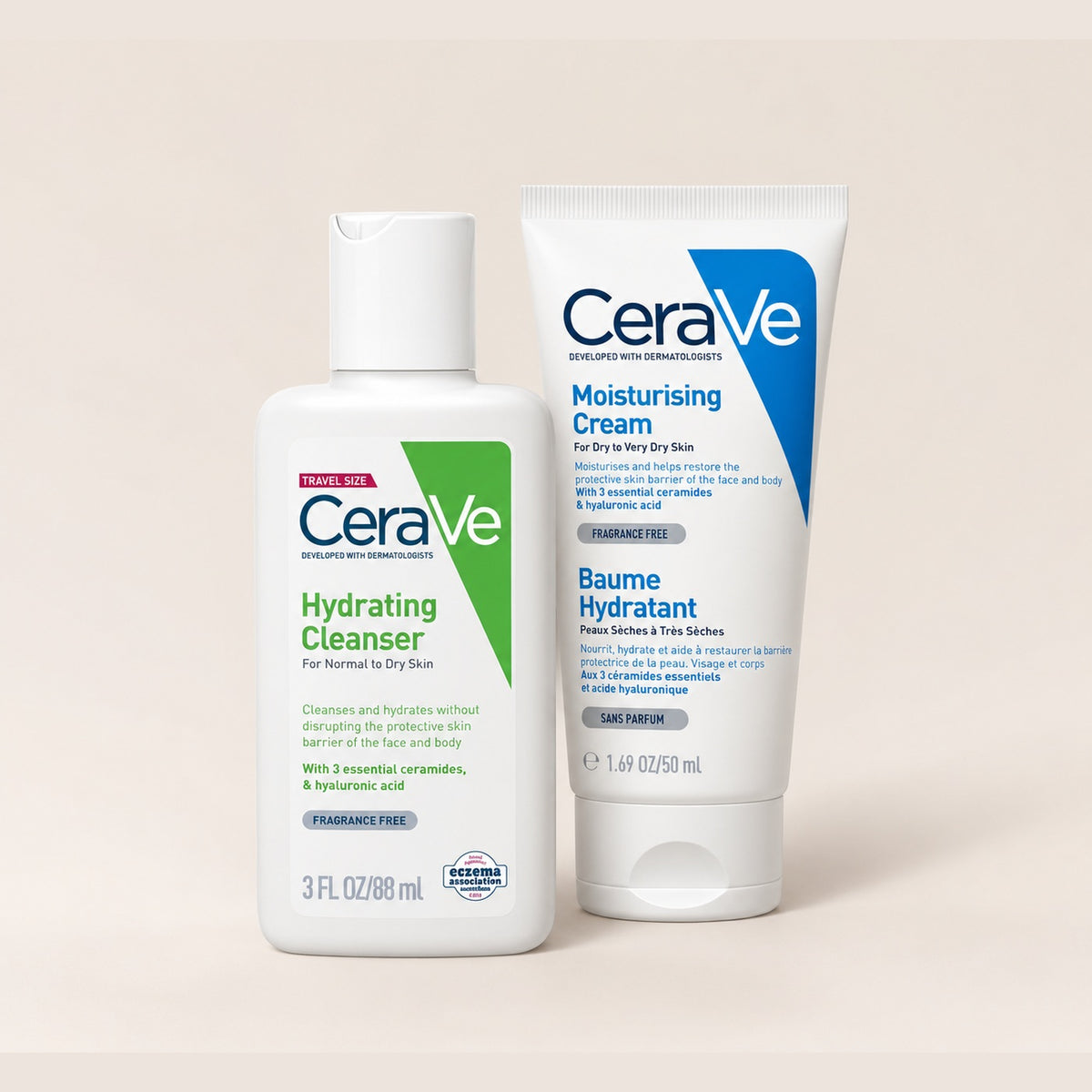 CeraVe Travel Minis Duo, the 88ml Hydrating Cleanser beside the 50ml Moisturising Cream tube