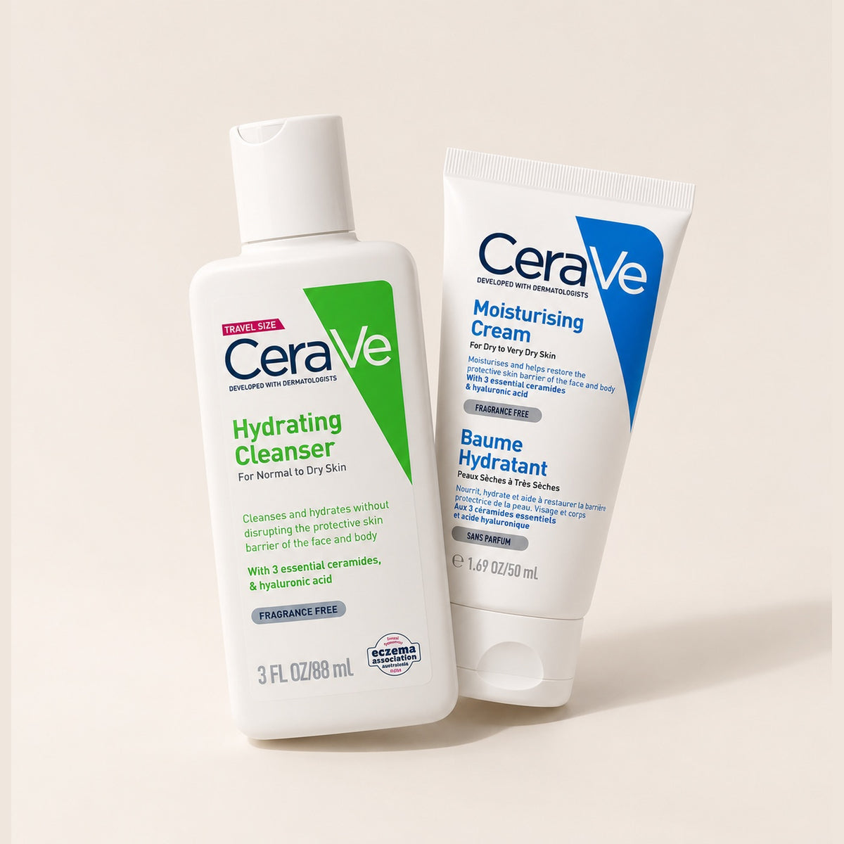 CeraVe Travel Minis Duo, the travel size Hydrating Cleanser and Moisturising Cream on a warm beige background
