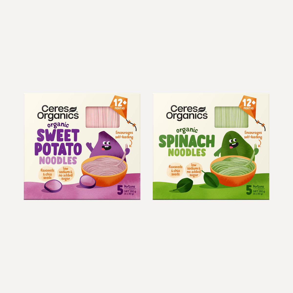 The two baby vegetable noodle boxes in the bundle shown separately, Sweet Potato and Spinach