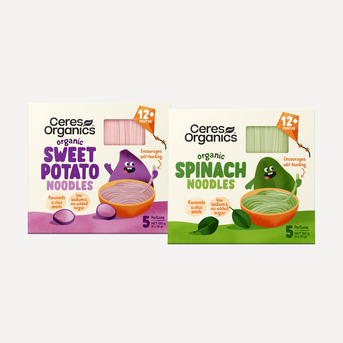 Two boxes of Ceres Organics Organic Baby Vegetable Noodles side by side, Sweet Potato and Spinach, 150g each