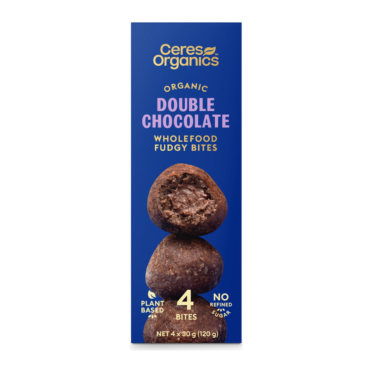 Ceres Organics Organic Double Chocolate Wholefood Fudgy Bites 120g box, four bites per box