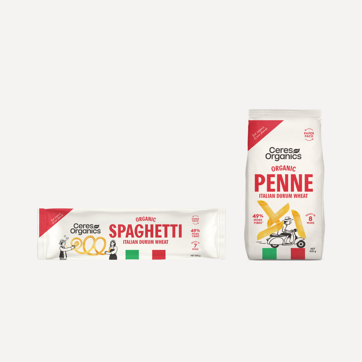 The two pasta packs in the bundle shown separately, spaghetti and penne, 400g each