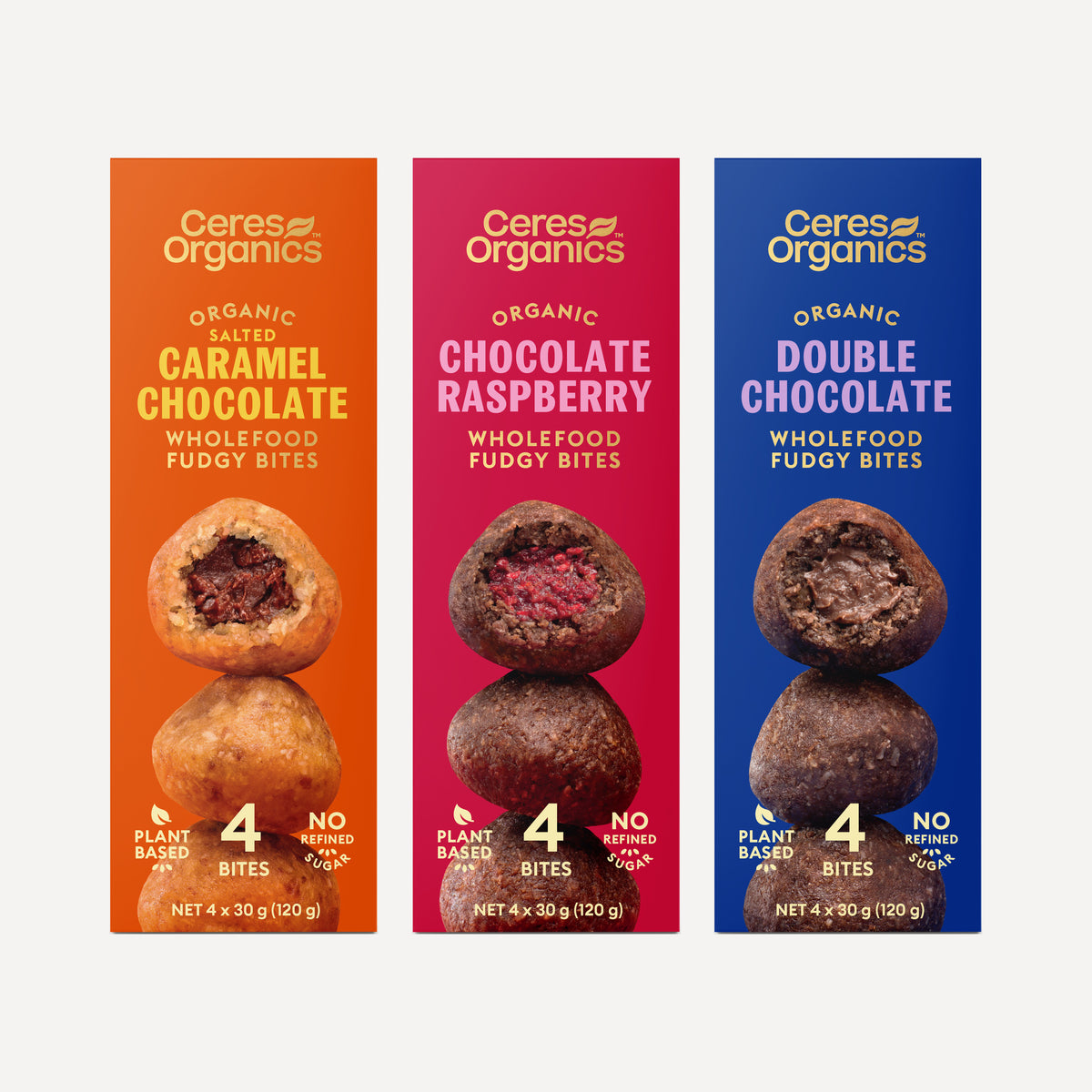 The three Wholefood Fudgy Bites boxes in the bundle shown separately, one of each flavour