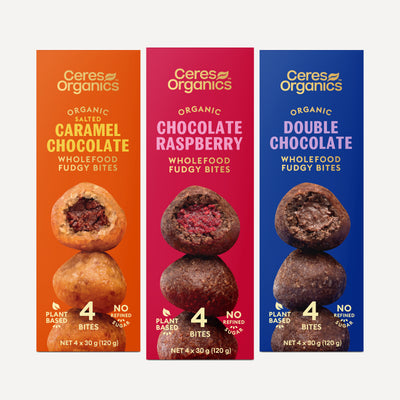 Three boxes of Ceres Organics Wholefood Fudgy Bites side by side, Salted Caramel Chocolate, Chocolate Raspberry and Double Chocolate, 120g each