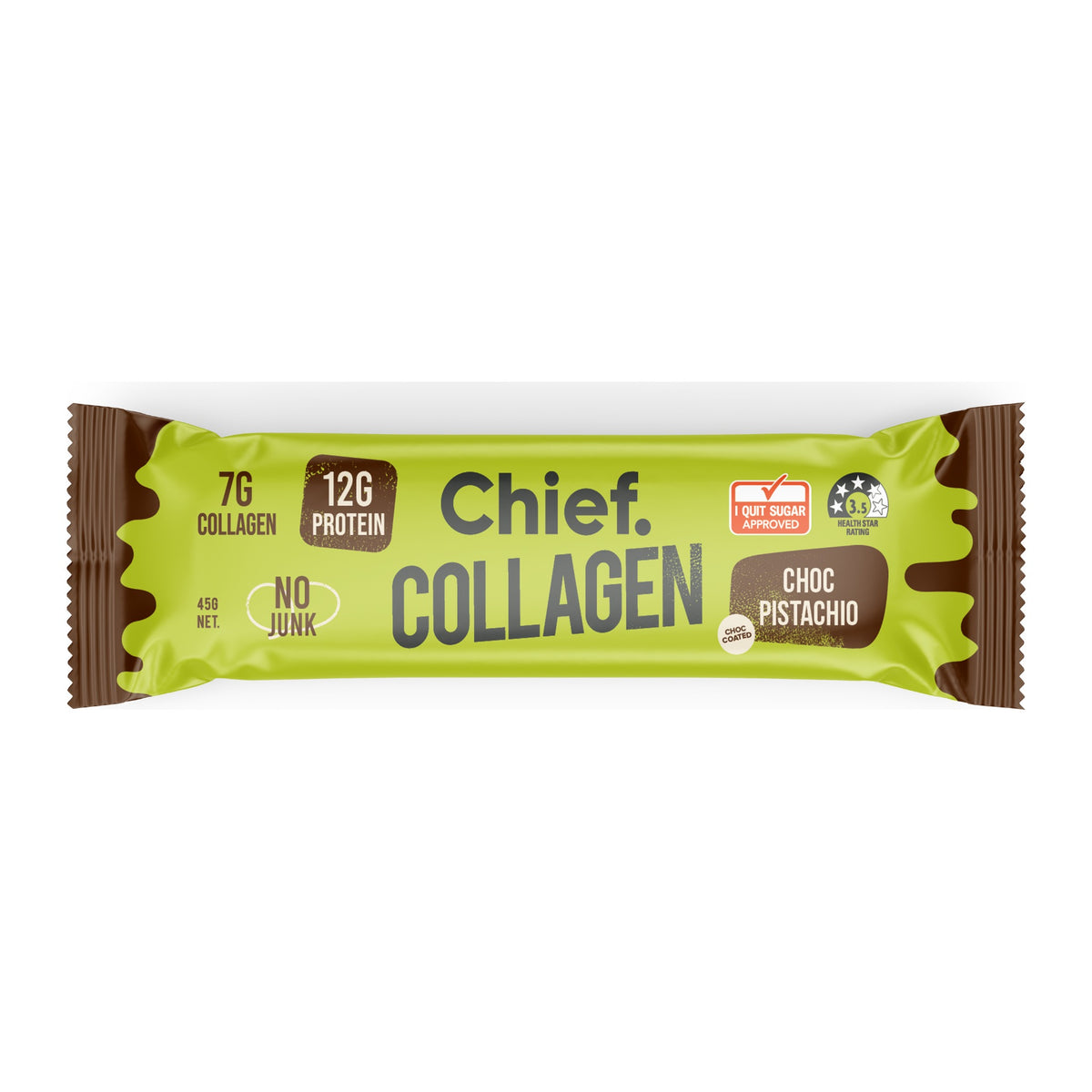Chief Collagen Protein Bar Choc Pistachio 45g, front of the wrapped bar