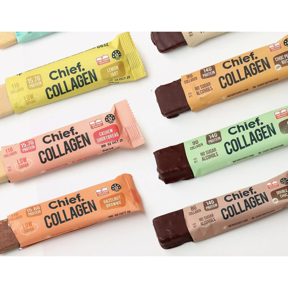 Six Chief collagen protein bars laid out in two columns: Lemon Tart, Cashew Shortbread and Hazelnut Brownie on the left, chocolate coated Choc Peanut Butter, Choc Mint and Double Choc on the right