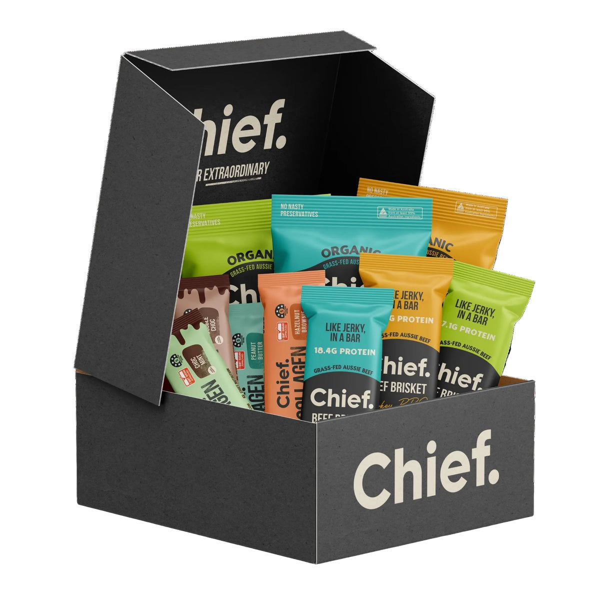Chief Starter Pack box open with beef bars, biltong and collagen protein bars inside