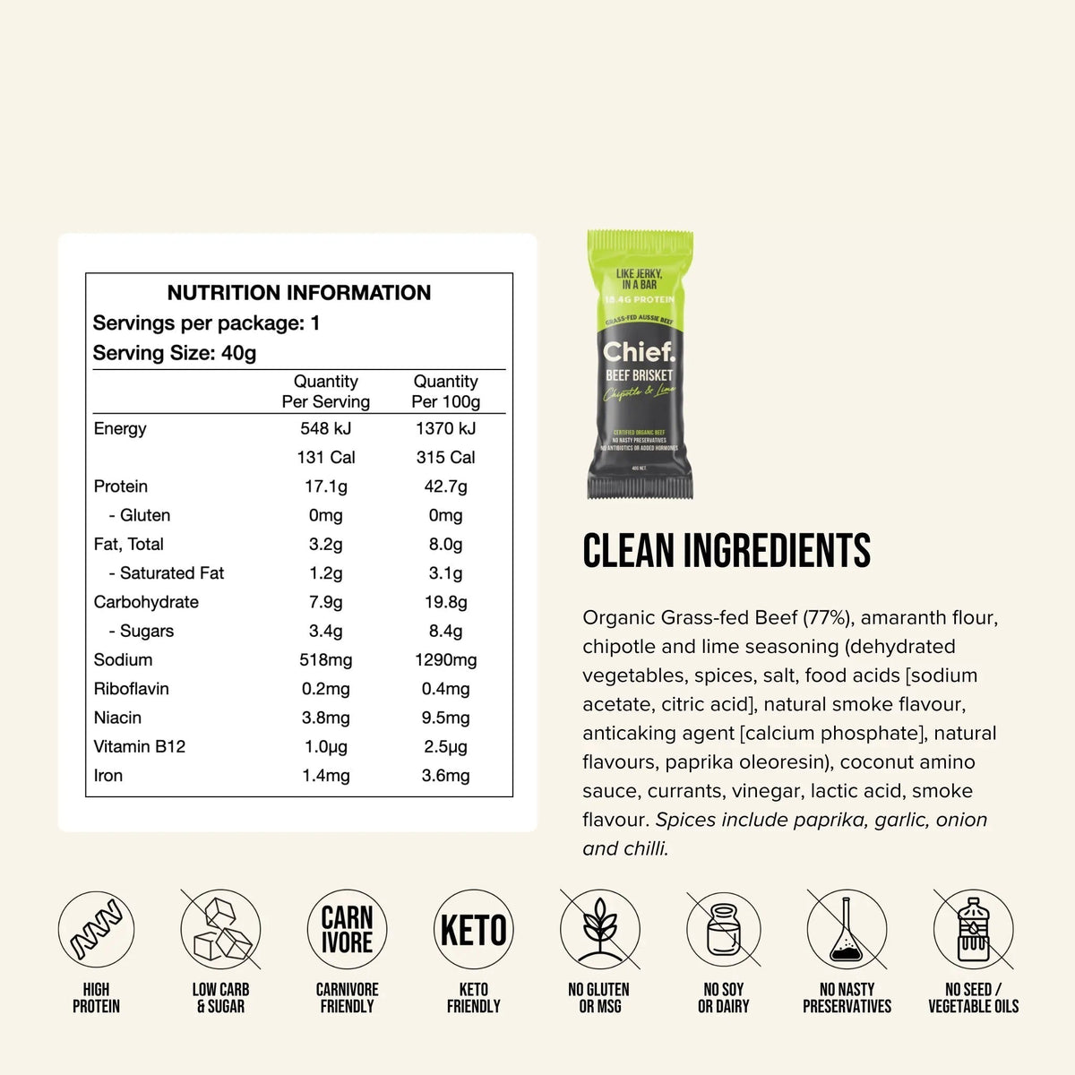 Nutrition information and ingredients panel for the Chief Beef Brisket Bar Chipotle & Lime