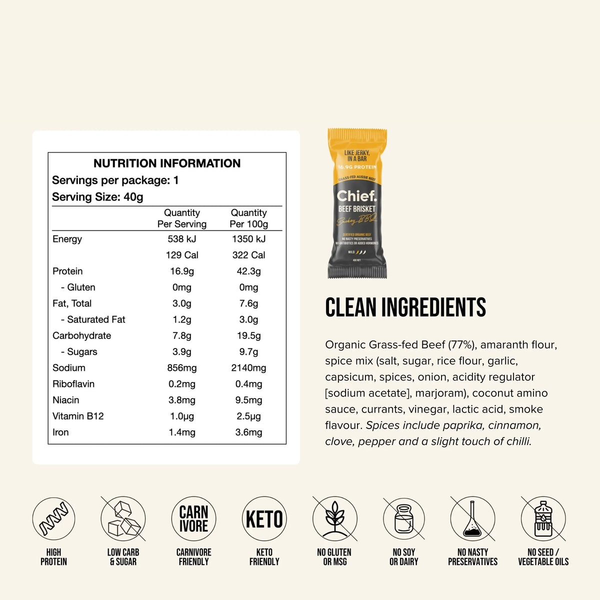 Nutrition information and ingredients panel for the Chief Beef Brisket Bar Smokey BBQ