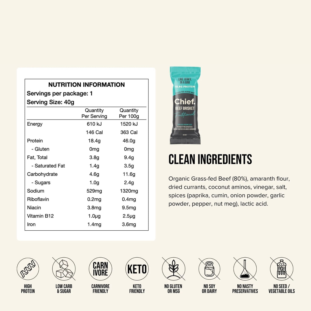 Nutrition information and ingredients panel for the Chief Beef Brisket Bar Traditional
