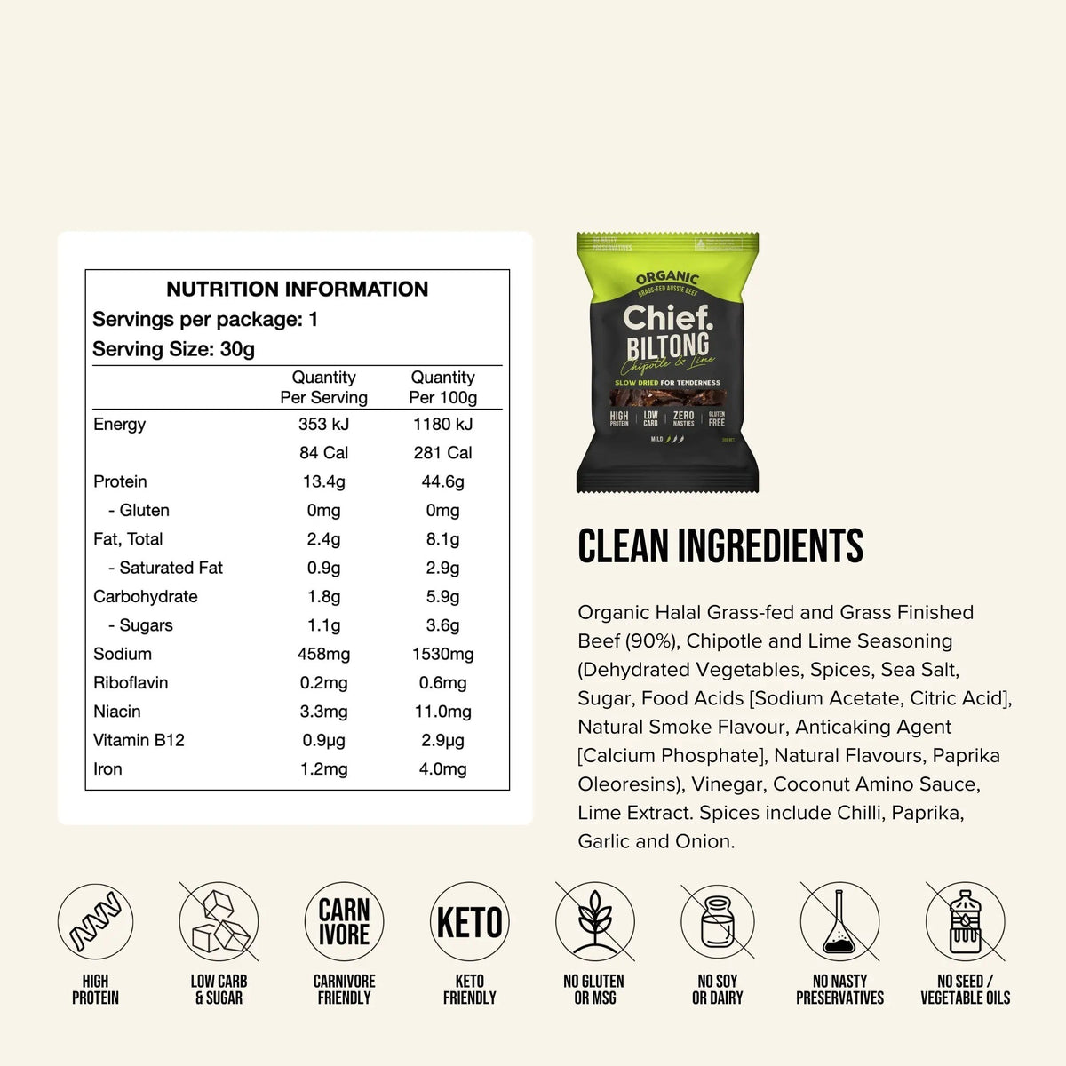 Nutrition information and ingredients panel for the Chief Biltong Chipotle & Lime