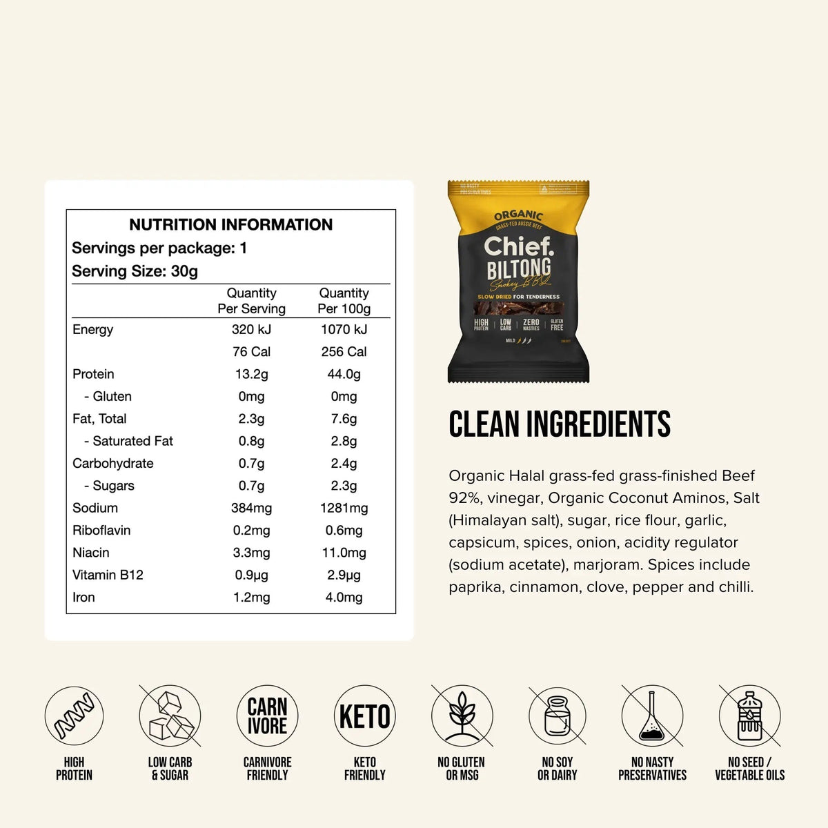 Nutrition information and ingredients panel for the Chief Biltong Smokey BBQ