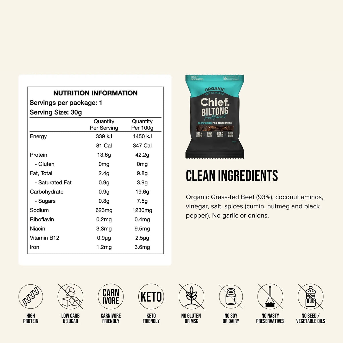 Nutrition information and ingredients panel for the Chief Biltong Traditional