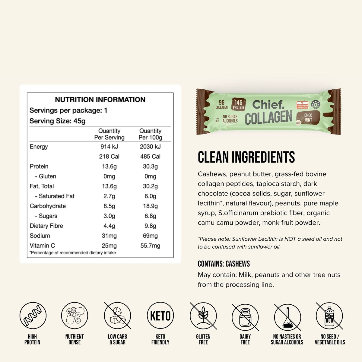 Nutrition information and ingredients panel for the Chief Collagen Protein Bar Choc Mint