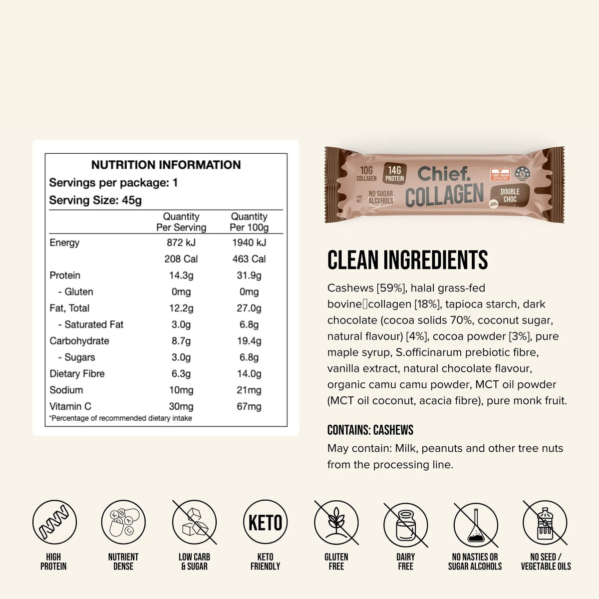 Nutrition information and ingredients panel for the Chief Collagen Protein Bar Double Choc