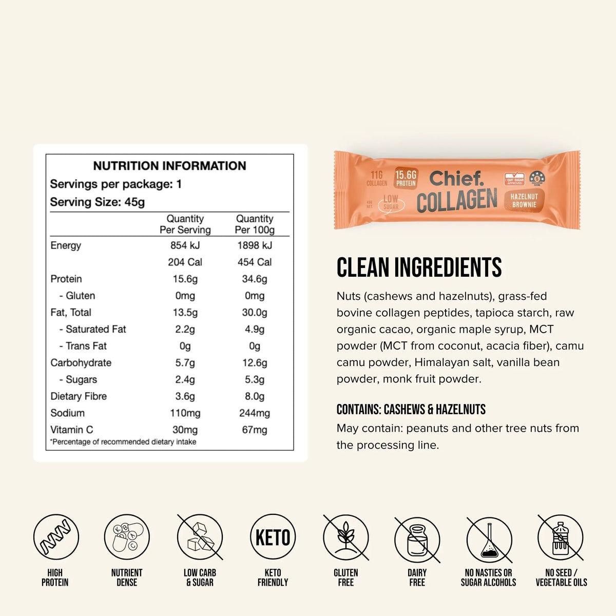 Nutrition information and ingredients panel for the Chief Collagen Protein Bar Hazelnut Brownie