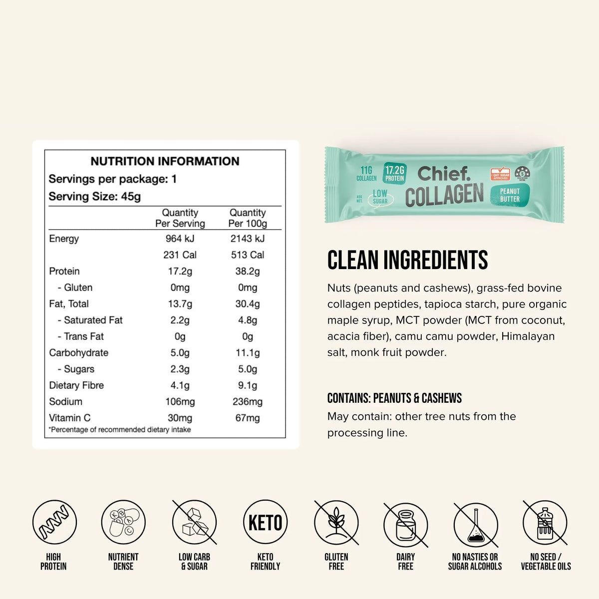 Nutrition information and ingredients panel for the Chief Collagen Protein Bar Peanut Butter