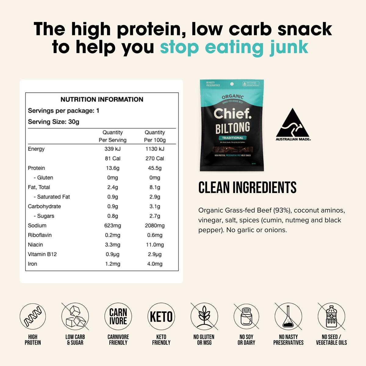 Chief Traditional biltong nutrition information and ingredients per 30g