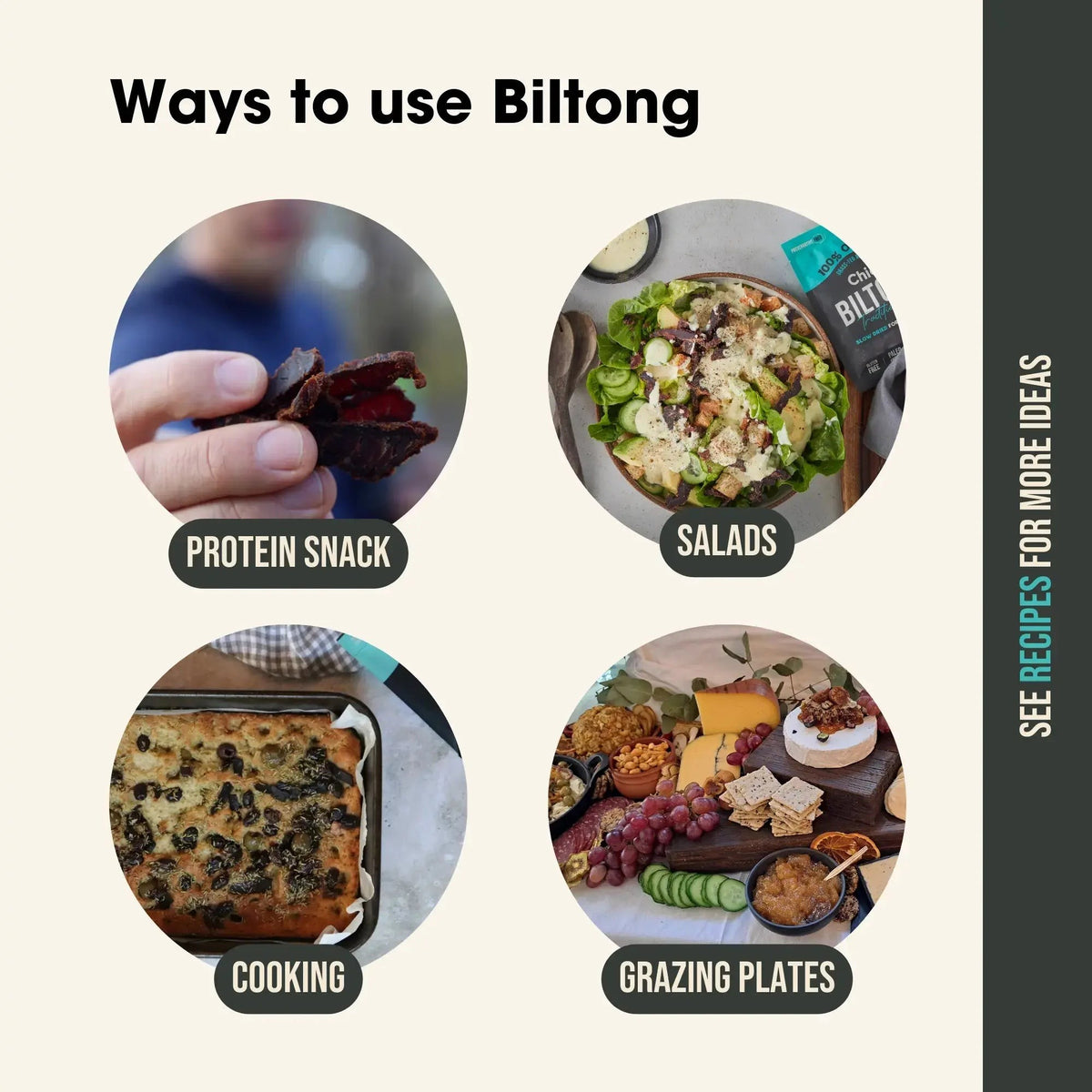 Ways to use Chief biltong: protein snack, salads, cooking and grazing plates