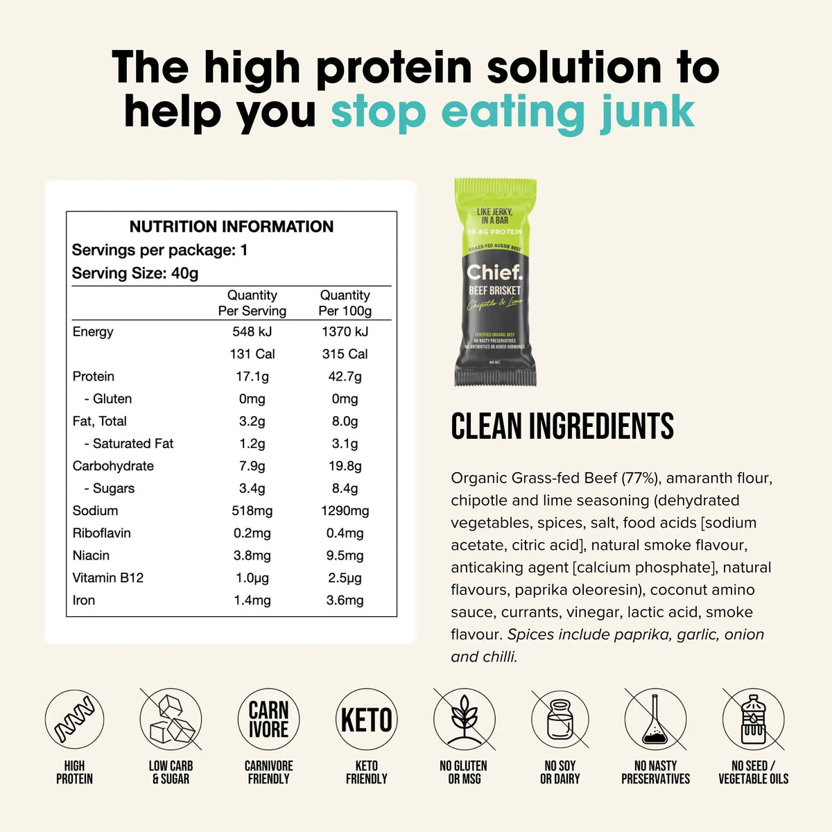 Chief Chipotle & Lime beef bar nutrition information and ingredients