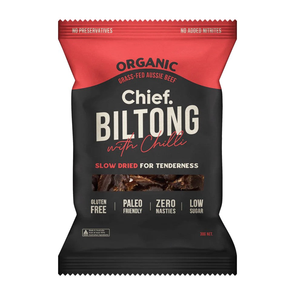 Chief Cayenne Chilli biltong 30g bag, front of pack