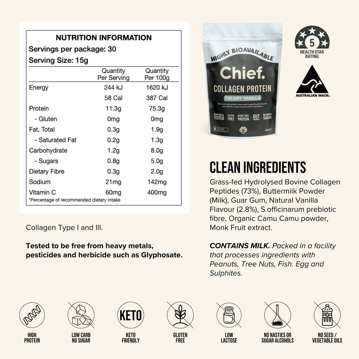 Chief Creamy Vanilla collagen powder nutrition information and ingredients