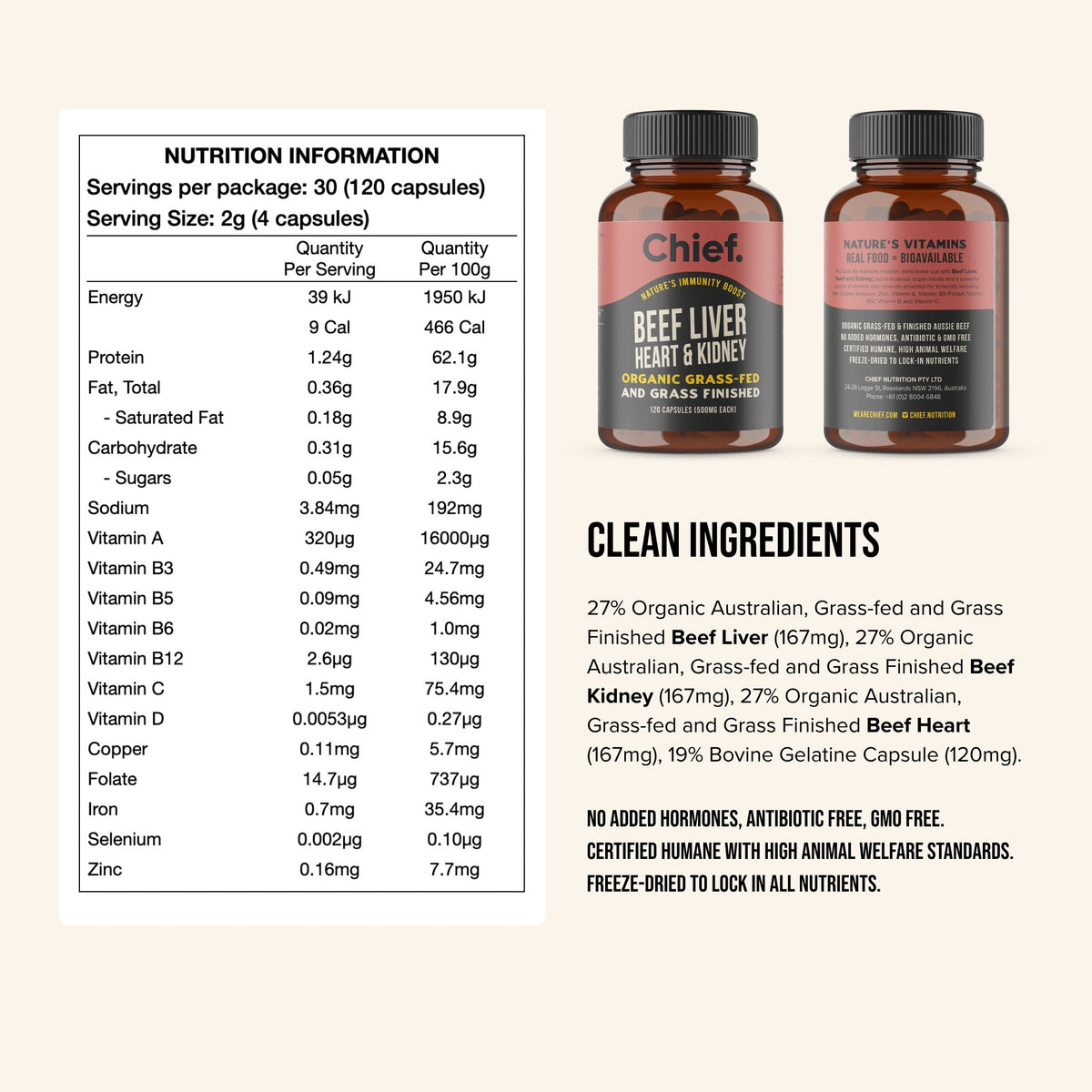 Chief Beef Liver, Heart & Kidney nutrition information and ingredients per 4 capsules