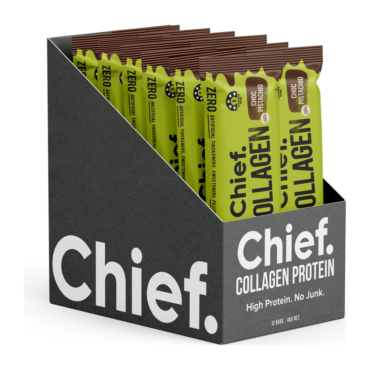 Chief Collagen Protein Bar Choc Pistachio, box of 12 x 45g