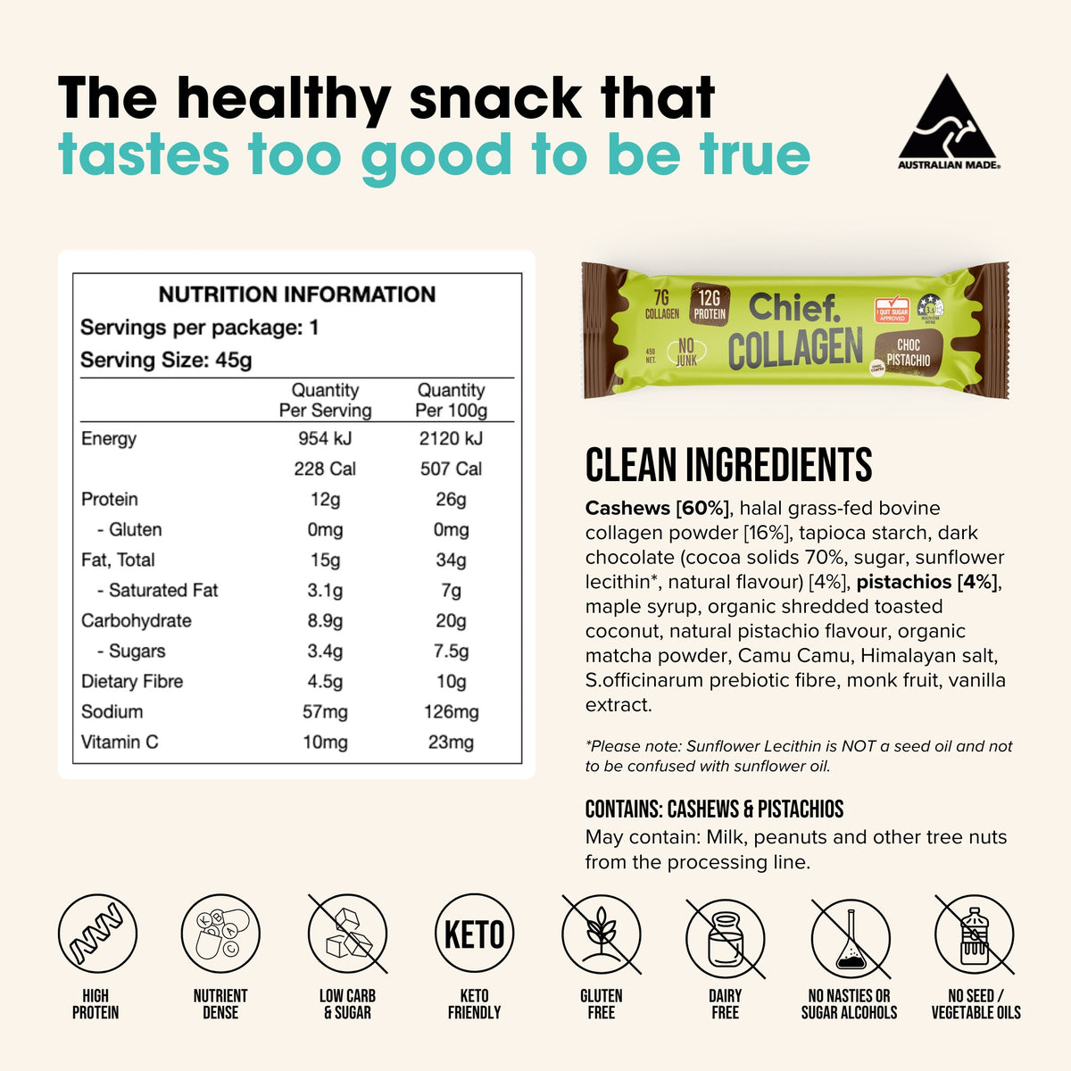 Chief Choc Pistachio collagen bar nutrition information, ingredients and allergens