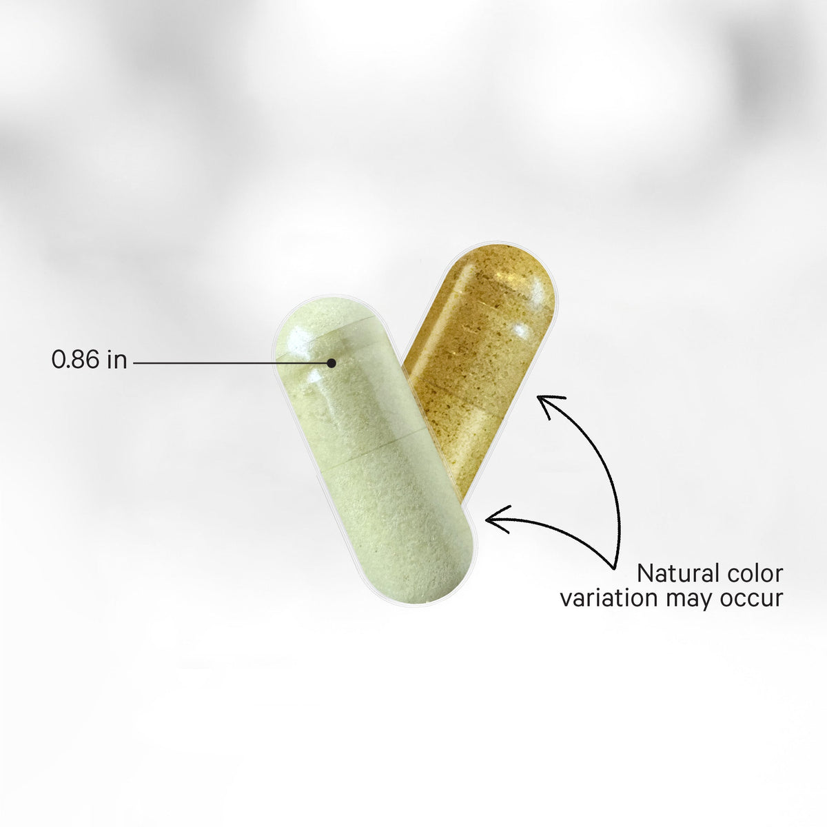 Codeage Liposomal Vitamin C+ capsules shown at actual size, 0.86 inches, with a note that natural colour varies