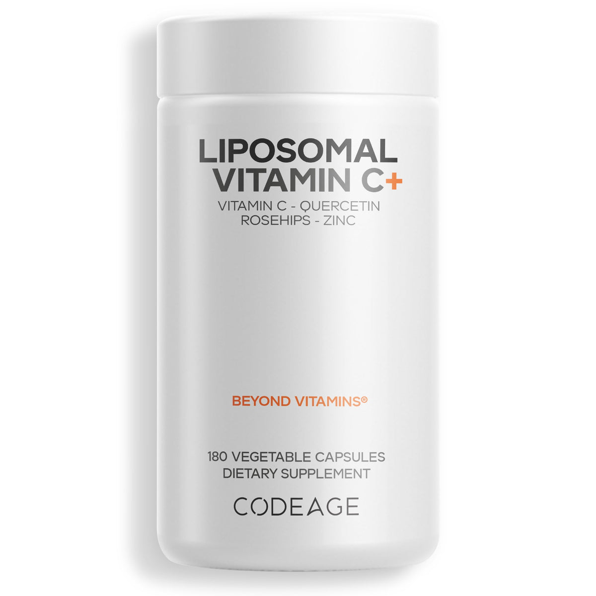 Codeage Liposomal Vitamin C+, white bottle of 180 vegetable capsules, front of pack