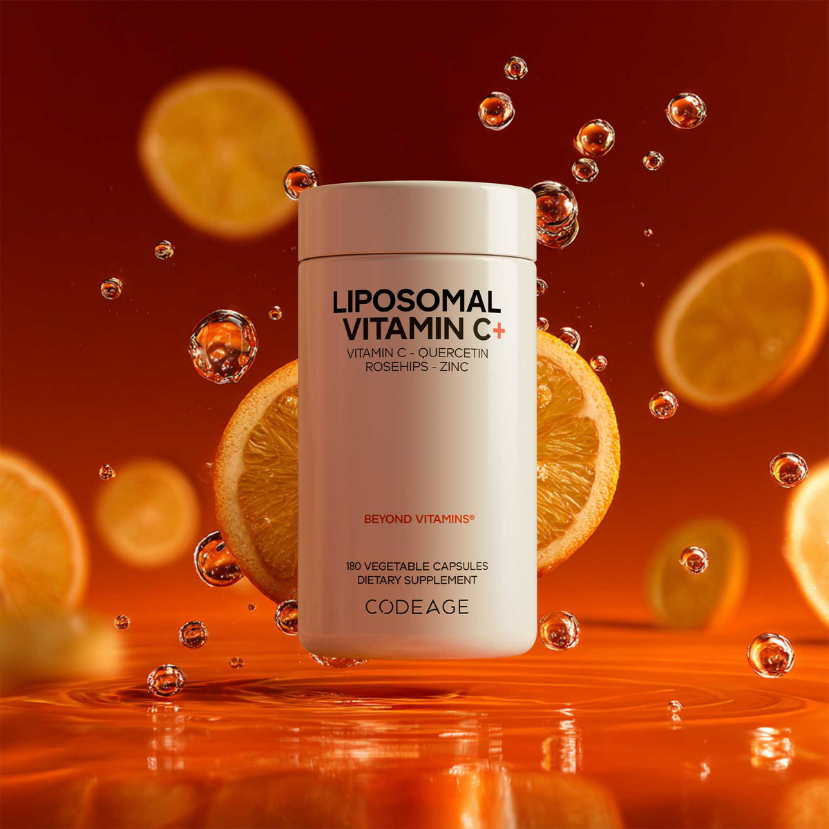 Codeage Liposomal Vitamin C+ bottle among orange slices and water droplets on a deep orange background