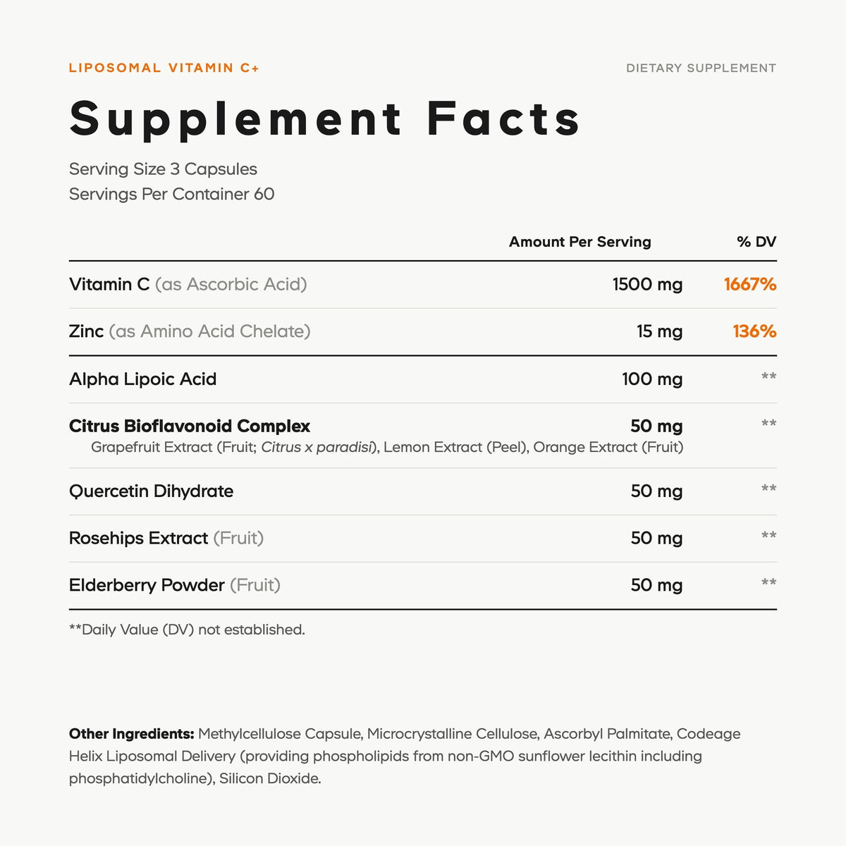Codeage Liposomal Vitamin C+ supplement facts panel listing vitamin C, zinc, alpha lipoic acid, citrus bioflavonoids, quercetin, rosehips and elderberry
