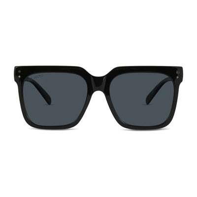 Wollumbin Currumbin women's sunglasses, black frame with smoke polarised lens, front