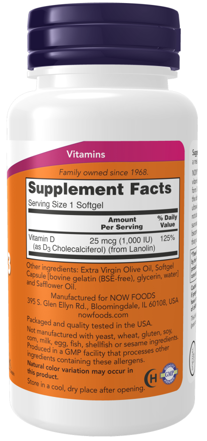 Image of Vitamin D3 1000IU 180sgcaps supplement facts