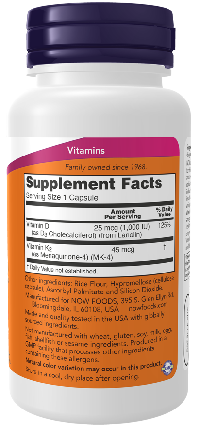 Image of Vitamin D3 1000IU & K2 45mcg 120vcaps supplement facts