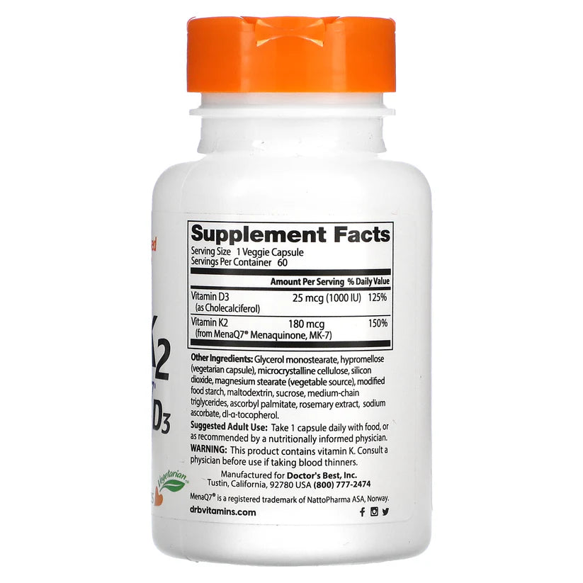 Image of Natural Vitamin K2 MK-7 with MenaQ7 Plus D3 60caps supplement facts