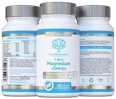 Three bottles of Swiss BioEnergetics 7-in-1 Magnesium Complex on a white background