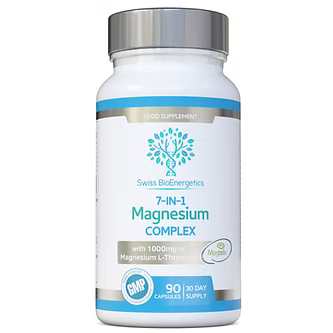 Supplement bottle labeled '7-IN-1 Magnesium Complex' by Swiss Bioheretics on a white background