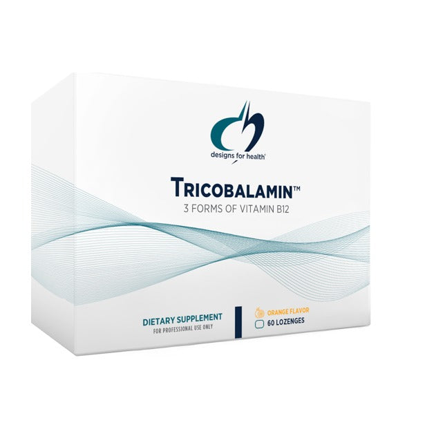Designs for Health Tricobalamin, white carton of 60 orange-flavoured lozenges carrying three forms of vitamin B12, front of pack