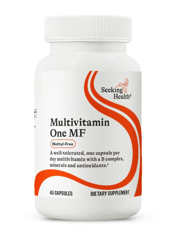 White multivitamin bottle with 45 capsules