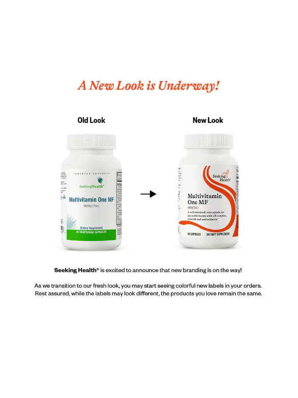 Two multivitamin bottles labeled 'Old Look' and 'New Look' with text about brand transition on a white background.