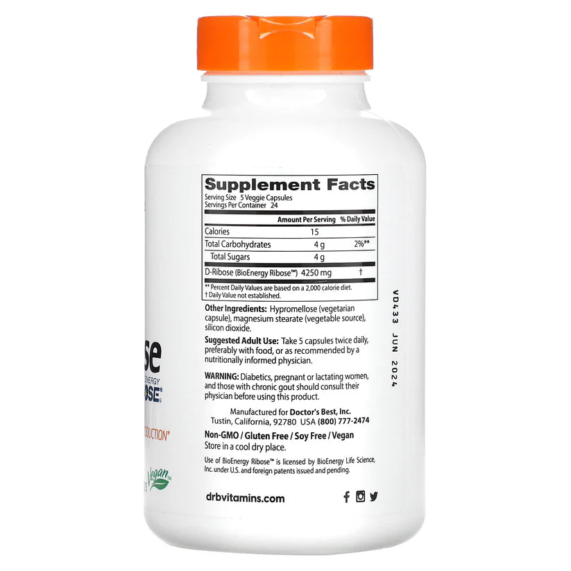Image of D-Ribose featuring BioEnergy Ribose 850mg 120caps supplement facts
