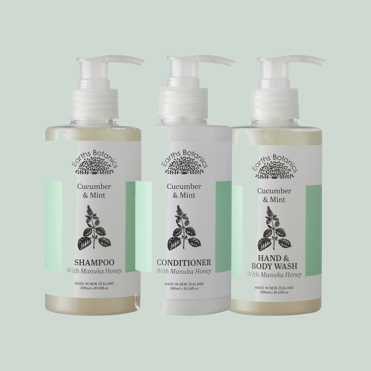 Earths Botanics Cucumber and Mint shampoo, conditioner and hand and body wash together