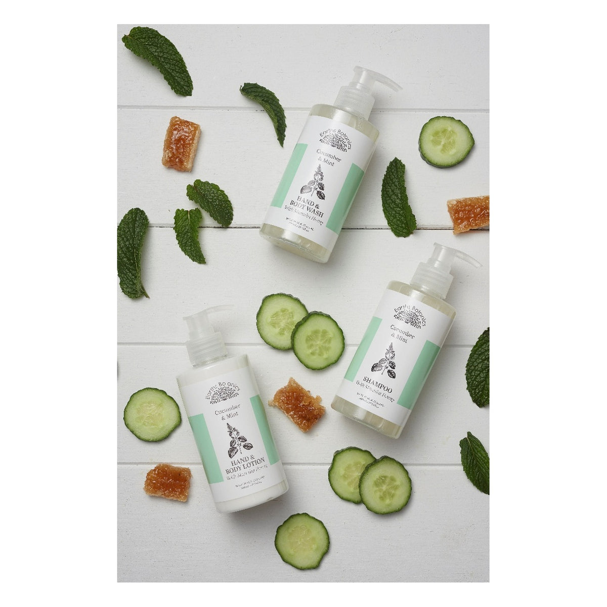 The Cucumber and Mint range photographed with cucumber slices and mint leaves
