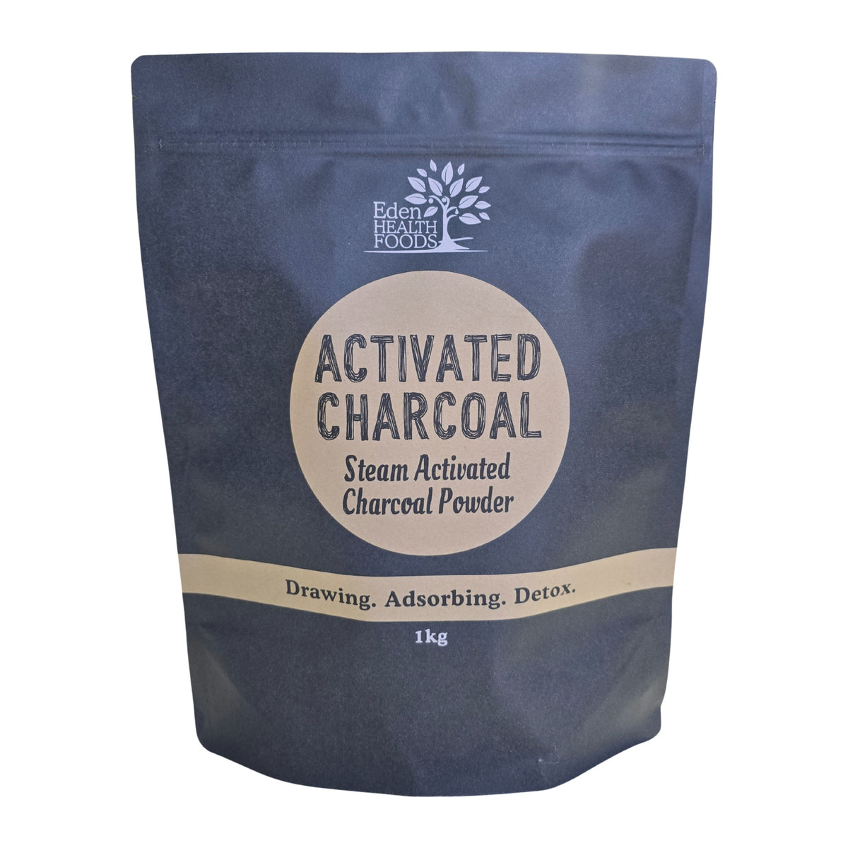 Eden Healthfoods Activated Charcoal steam activated charcoal powder, 1kg pouch, front of pack